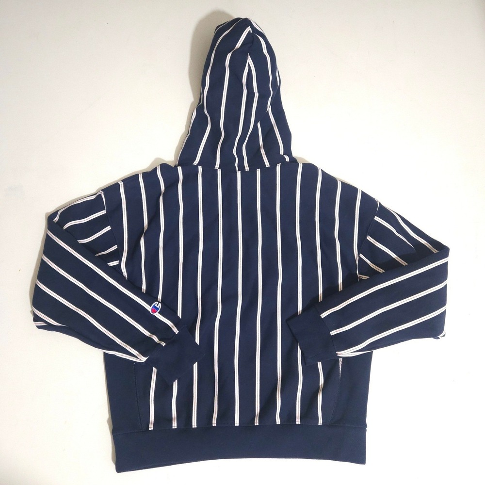 Womens Champion Reverse Weave Striped Hoodie Navy Blue White Large Sweatshirt - Picture 2 of 7